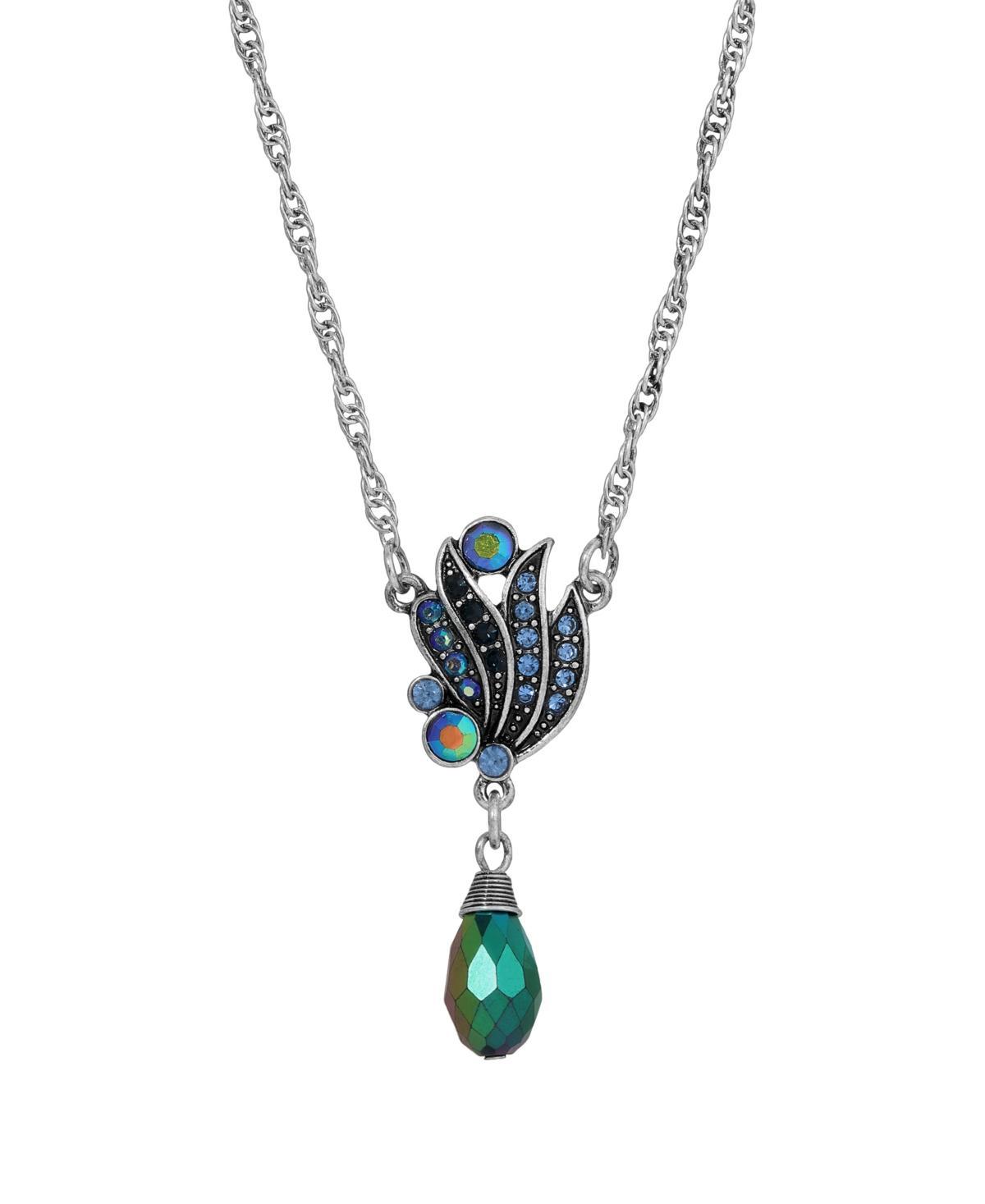 1928 Silver Tone Blue Iridescent Drop Pendant Necklace, Womens Product Image