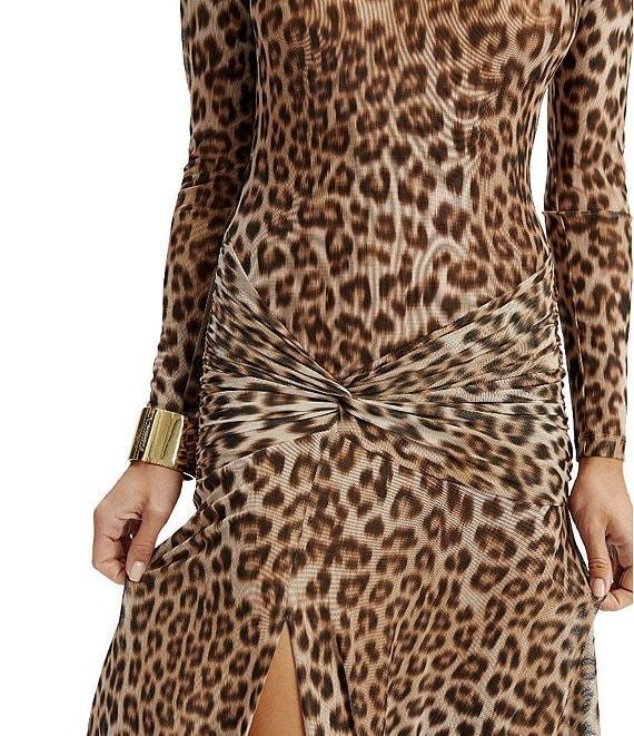 Bardot Leopard Print Mesh Long Sleeve Ruched Slit Maxi Dress Product Image