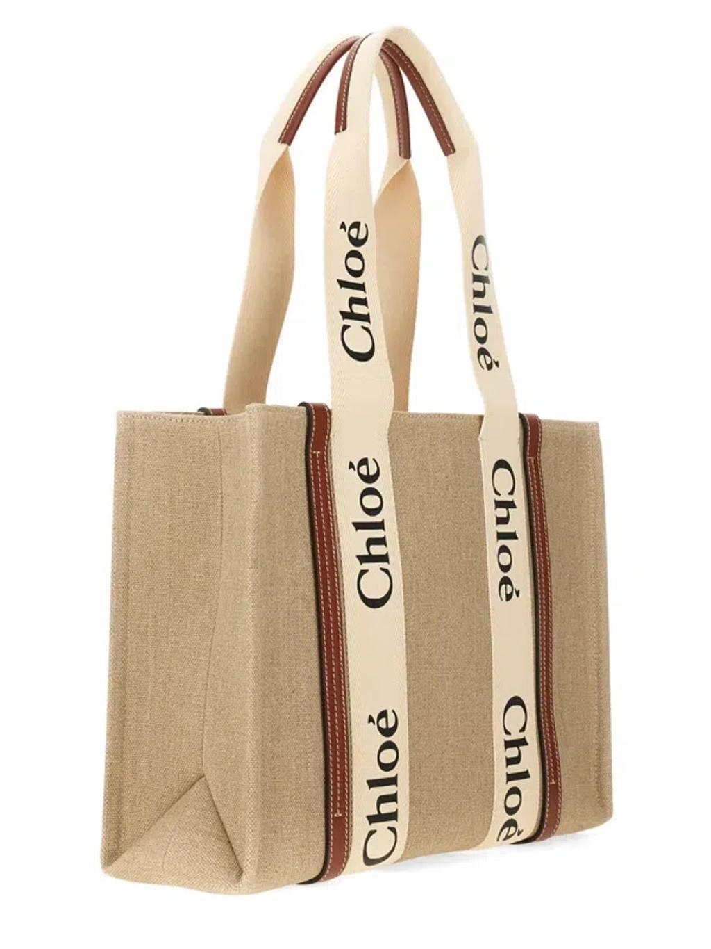 CHLOÉ Medium Linen Shopping Bag Woody In Cream Product Image