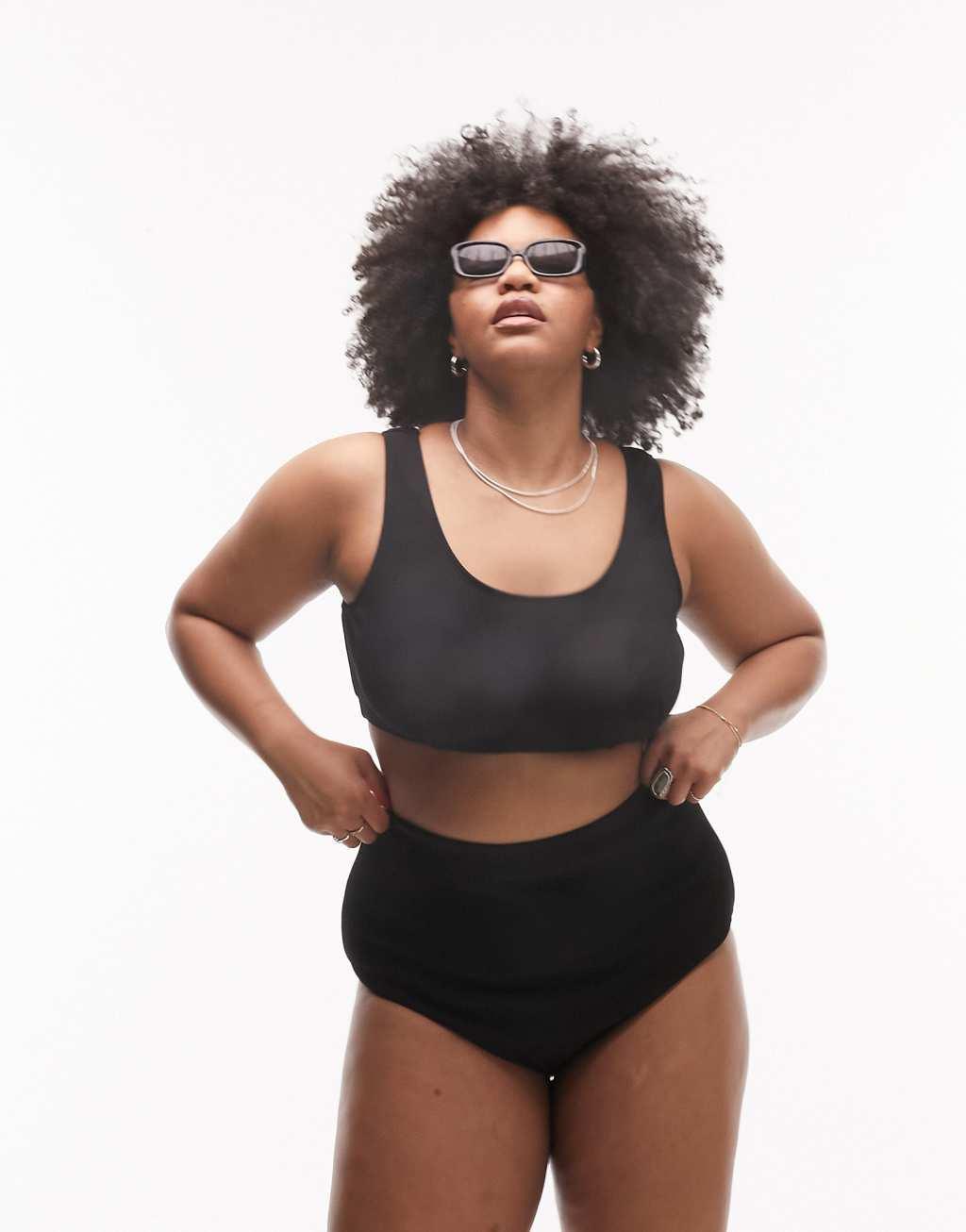 Topshop Curve rib crop bikini top in black Product Image