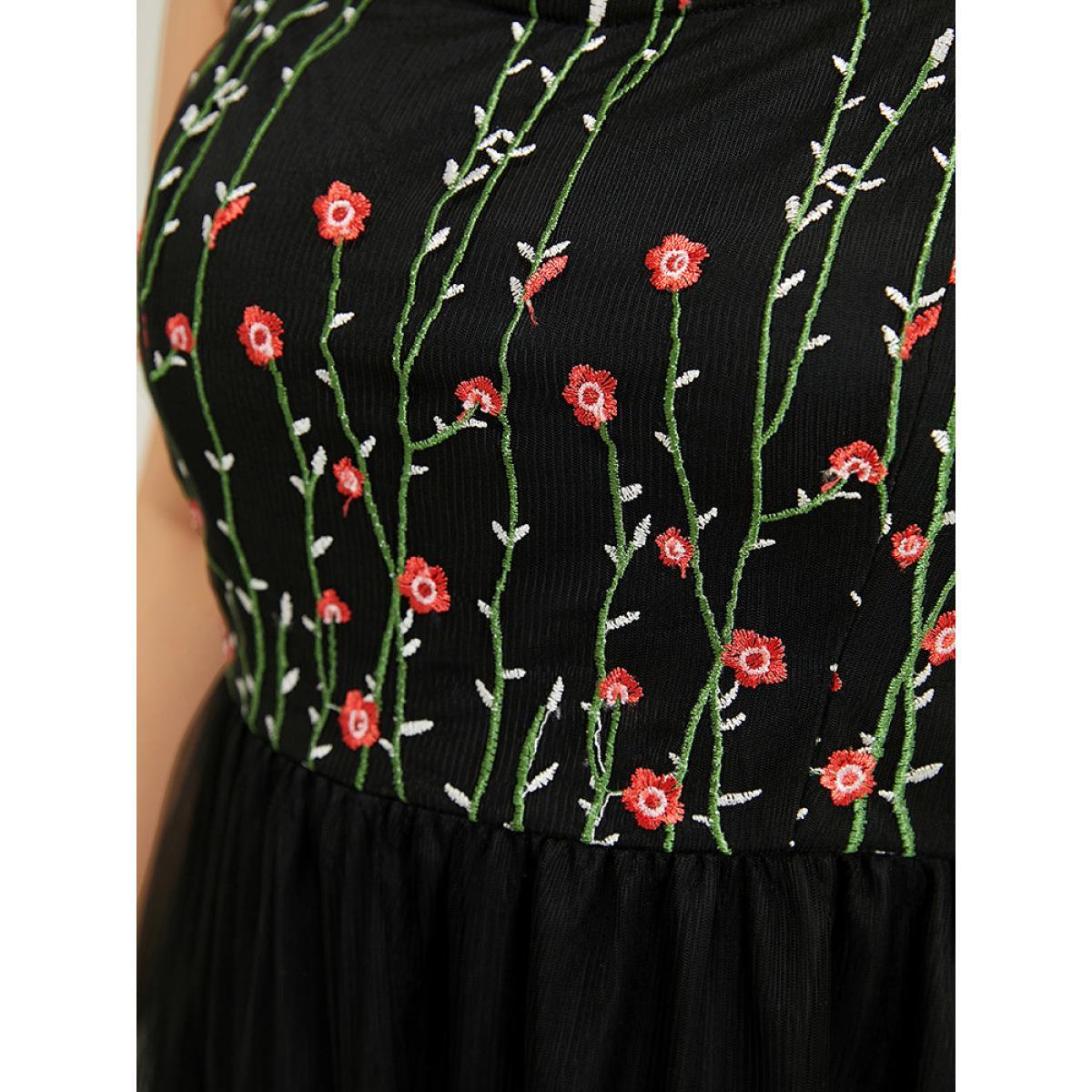 Plus Size Floral Embroidered Mesh Ruffle Hem Pocket Cami Dress Black Women Glamour Adjustable Straps Spaghetti Strap Sleeveless Curvy Knee Dress BloomChic 10/M Product Image