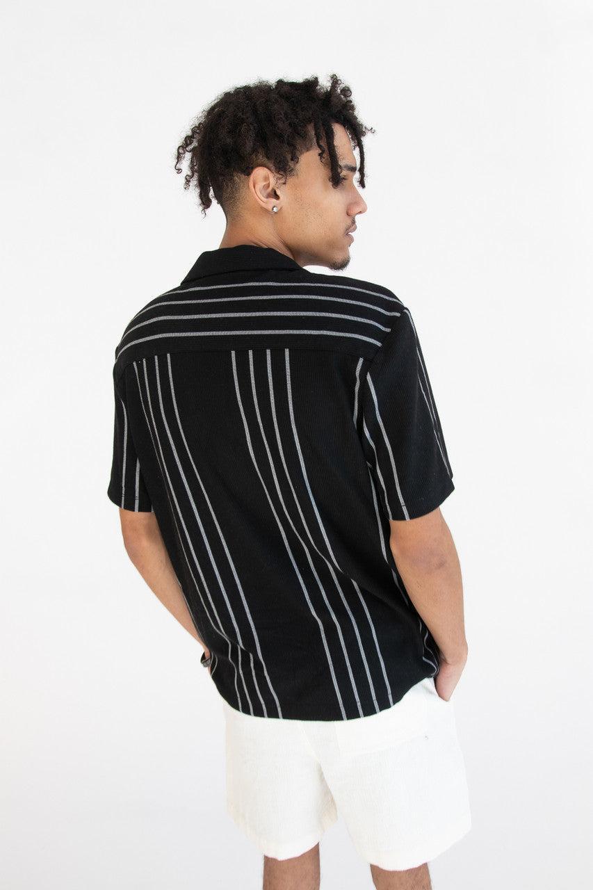 Ribbed White Stripe Black Button Up Shirt Product Image
