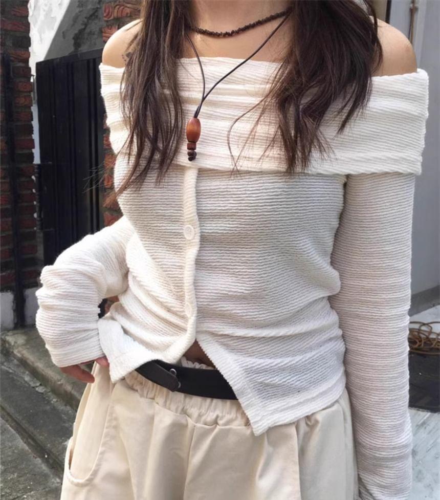 Long-Sleeve Off-Shoulder Plain Buttoned Slim Fit Crop Top Product Image