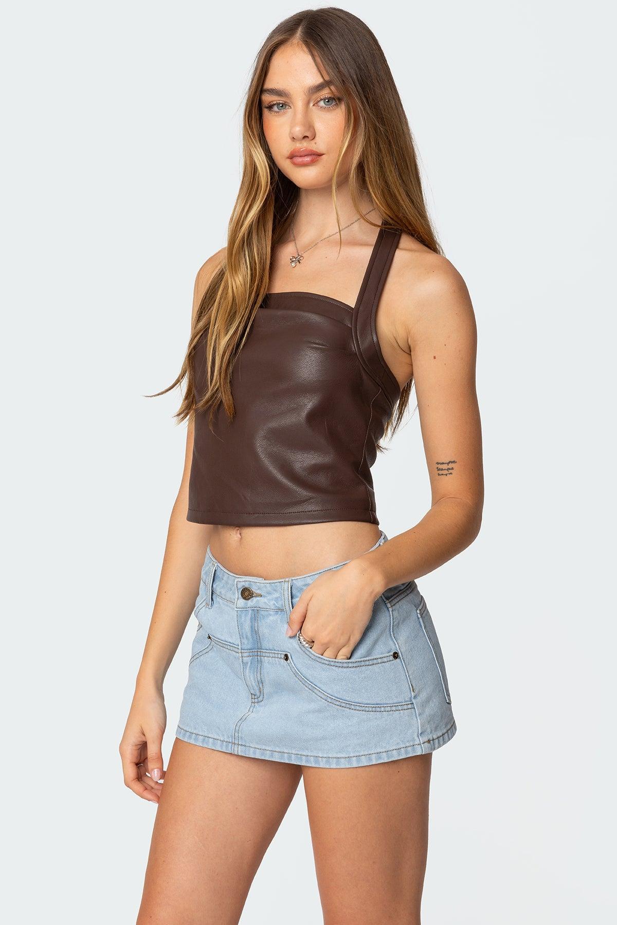 Draped Faux Leather Halter Top Product Image