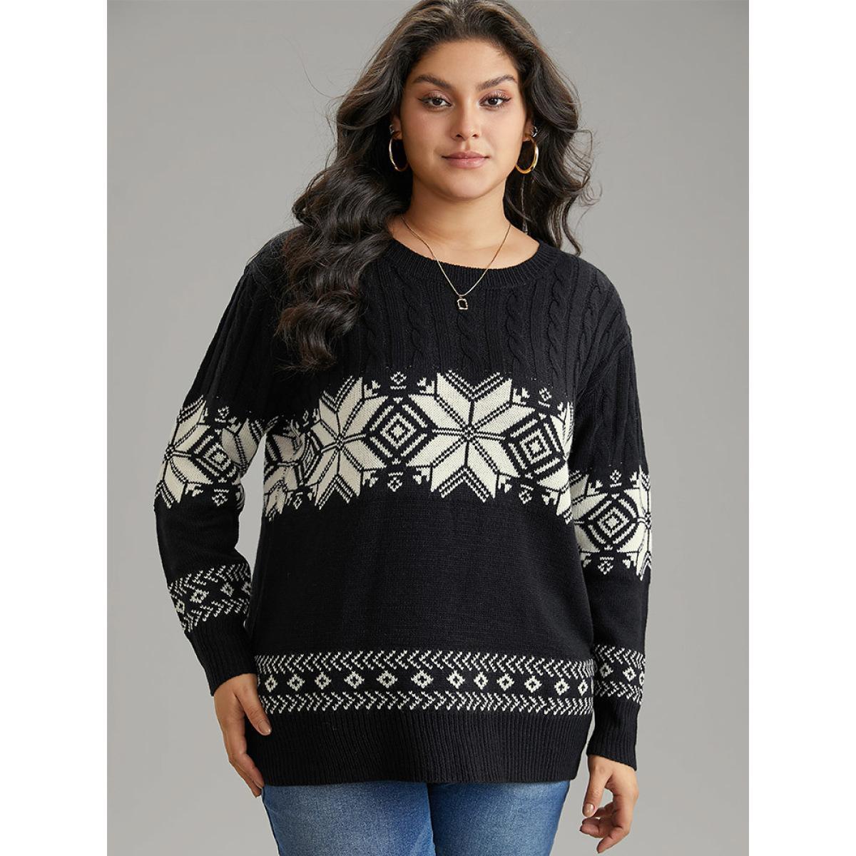 Plus Size Geometric Jacquard Cable Knit Pullover Black Women Casual Loose Long Sleeve Round Neck Dailywear Pullovers BloomChic 30/6X Product Image