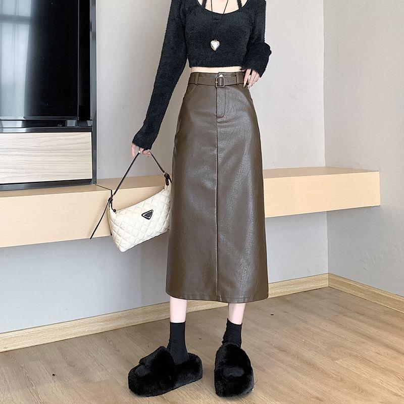 Set: High Rise Faux Leather Midi A-Line Skirt + Belt Product Image