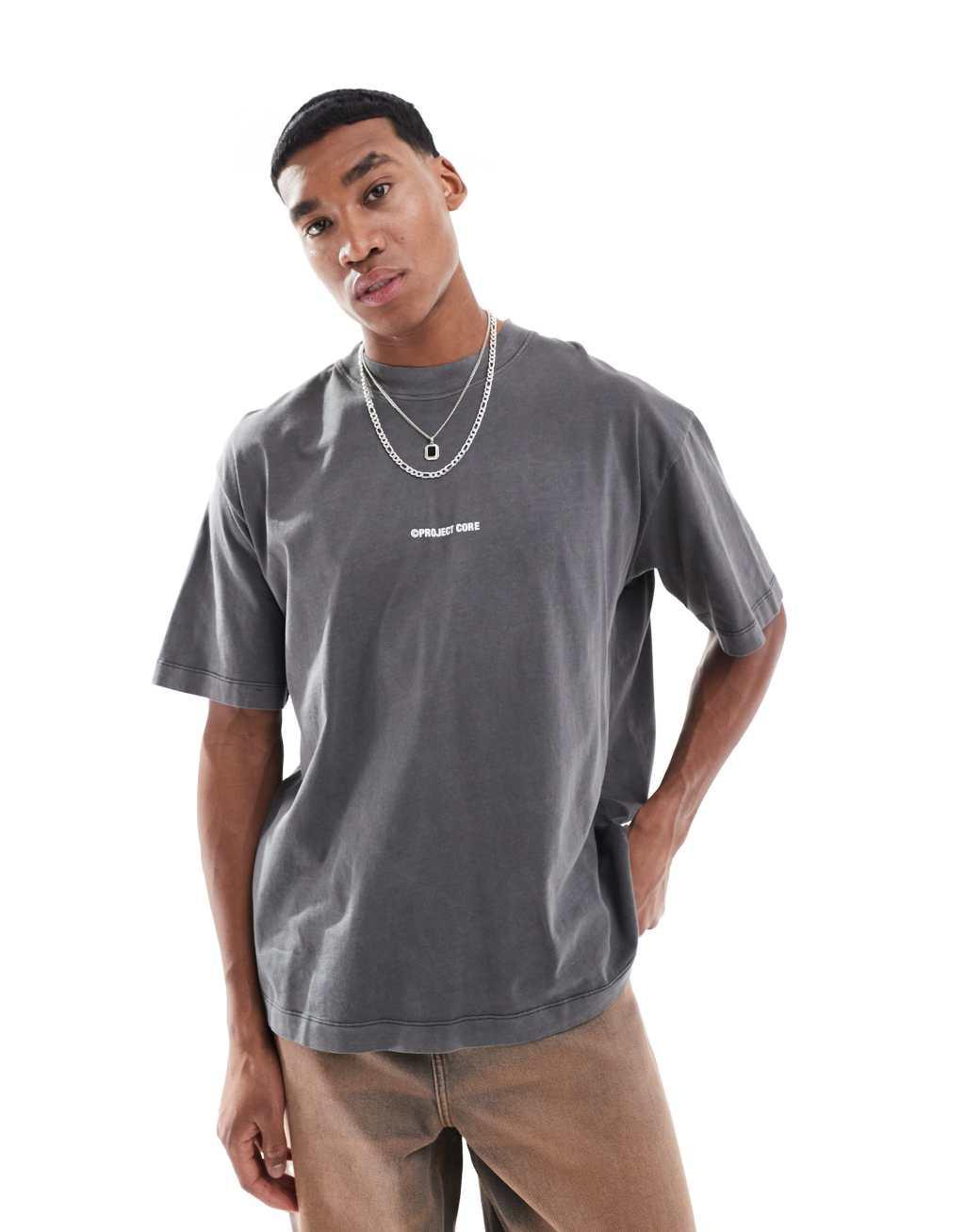 Jack & Jones super oversized T-shirt with Project Core print in washed gray Product Image