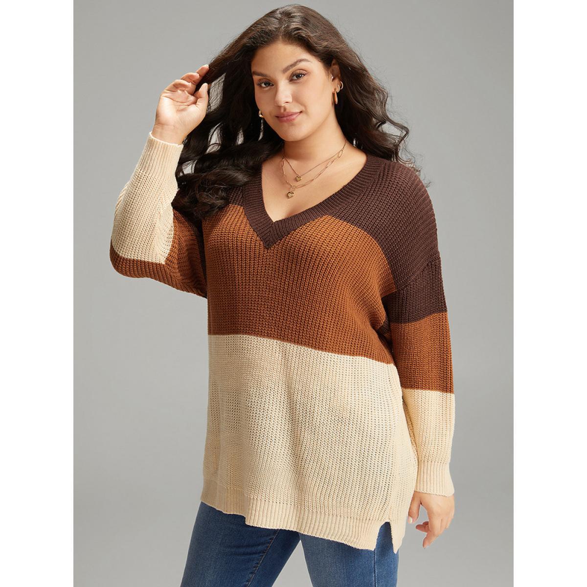 Plus Size Colorblock Patchwork Split Side Drop Shoulder Pullover Multicolor Women Casual Loose Long Sleeve V-neck Dailywear Pullovers BloomChic 22-24/3X Product Image
