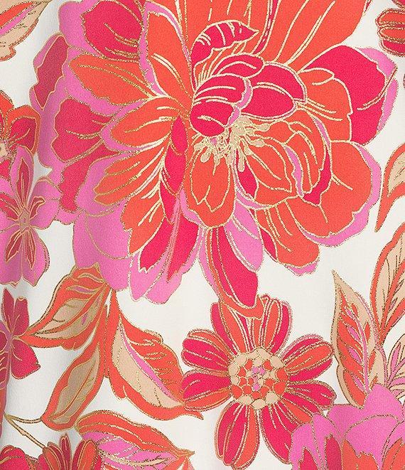 Jude Connally Tierney Metallic Peony Dream Print Knit Point Collar V-Neck Short Puff Sleeve Drop Waist Flounce Hem Dress Product Image