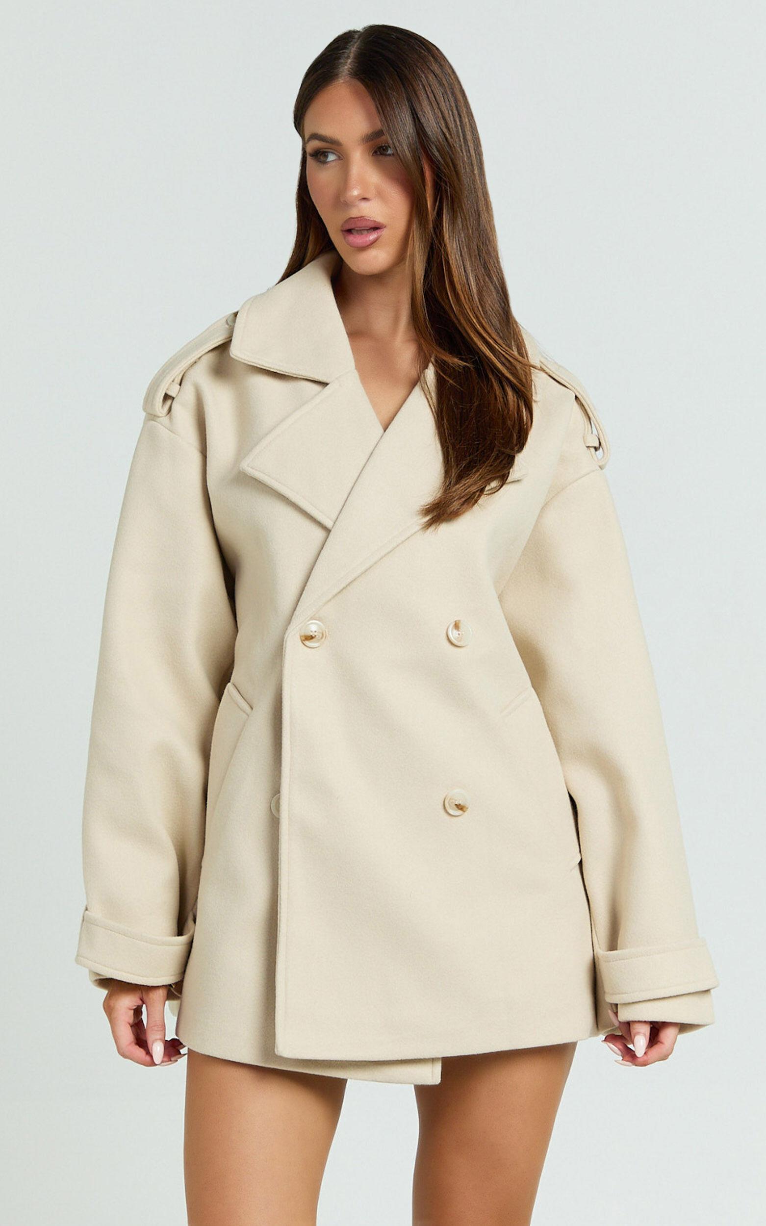 Adriana Coat - Double Breasted Short Wool Like Coat in Cream Product Image