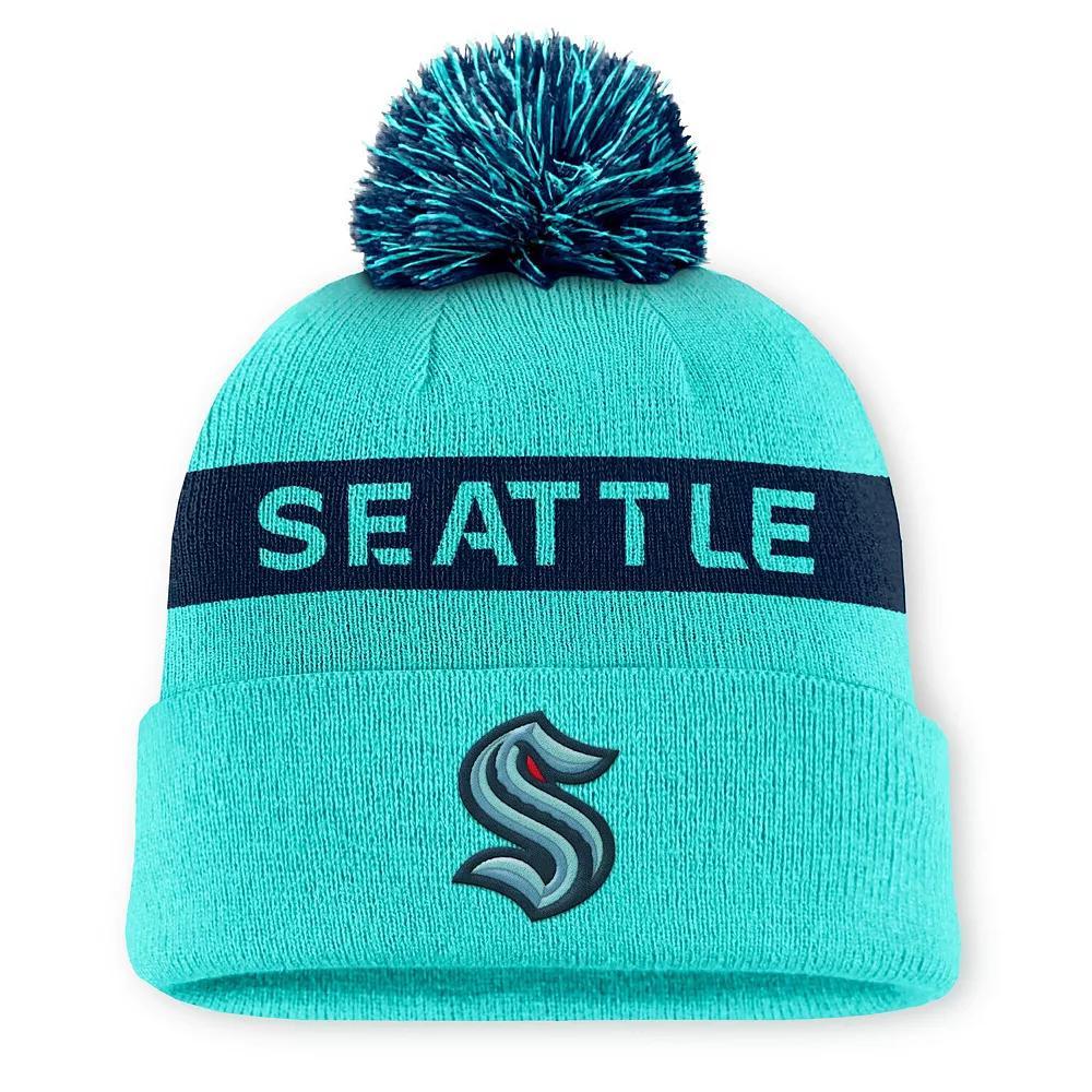 Women's Fanatics Light Blue/Navy Seattle Kraken Authentic Pro Rink Cuffed Knit Hat with Pom, Krk Light Product Image