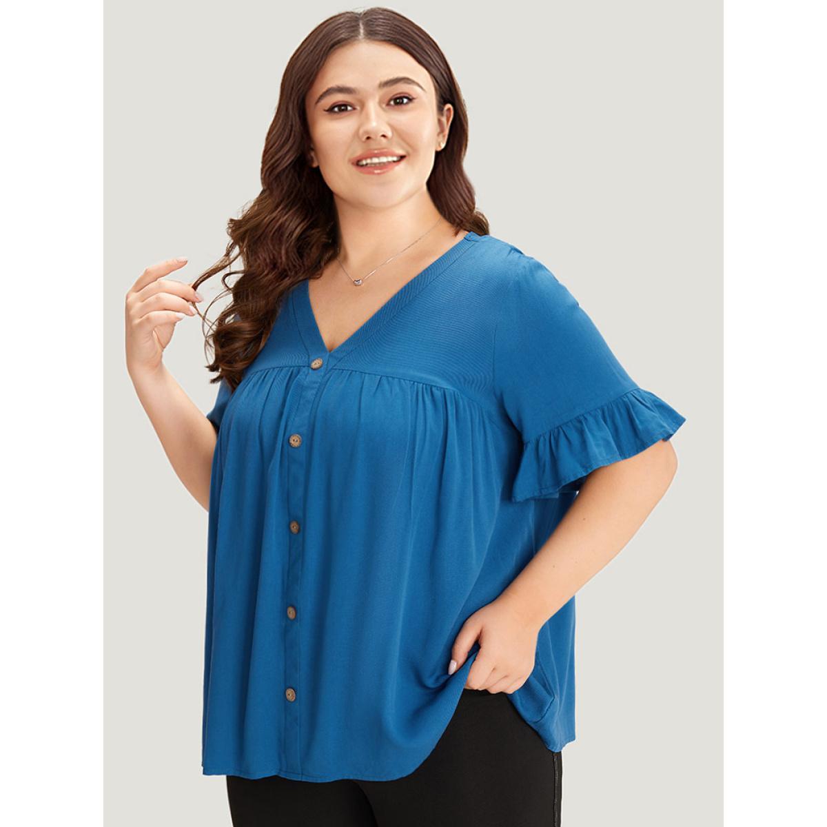Plus Size Aegean Solid Flutter Trim Pleated Button Detail Blouse Women Office Short sleeve V-neck Work Blouses BloomChic 30/6X Product Image