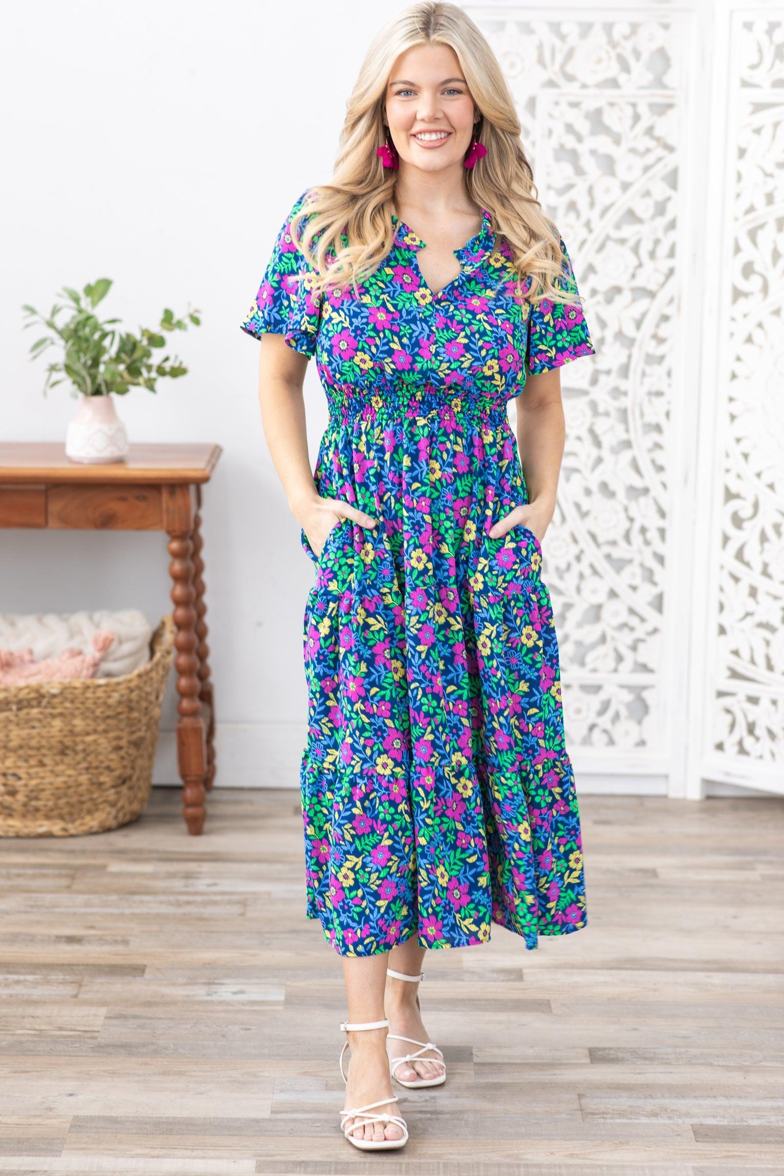 Navy Floral Notch Neck Short Sleeve Dress Product Image