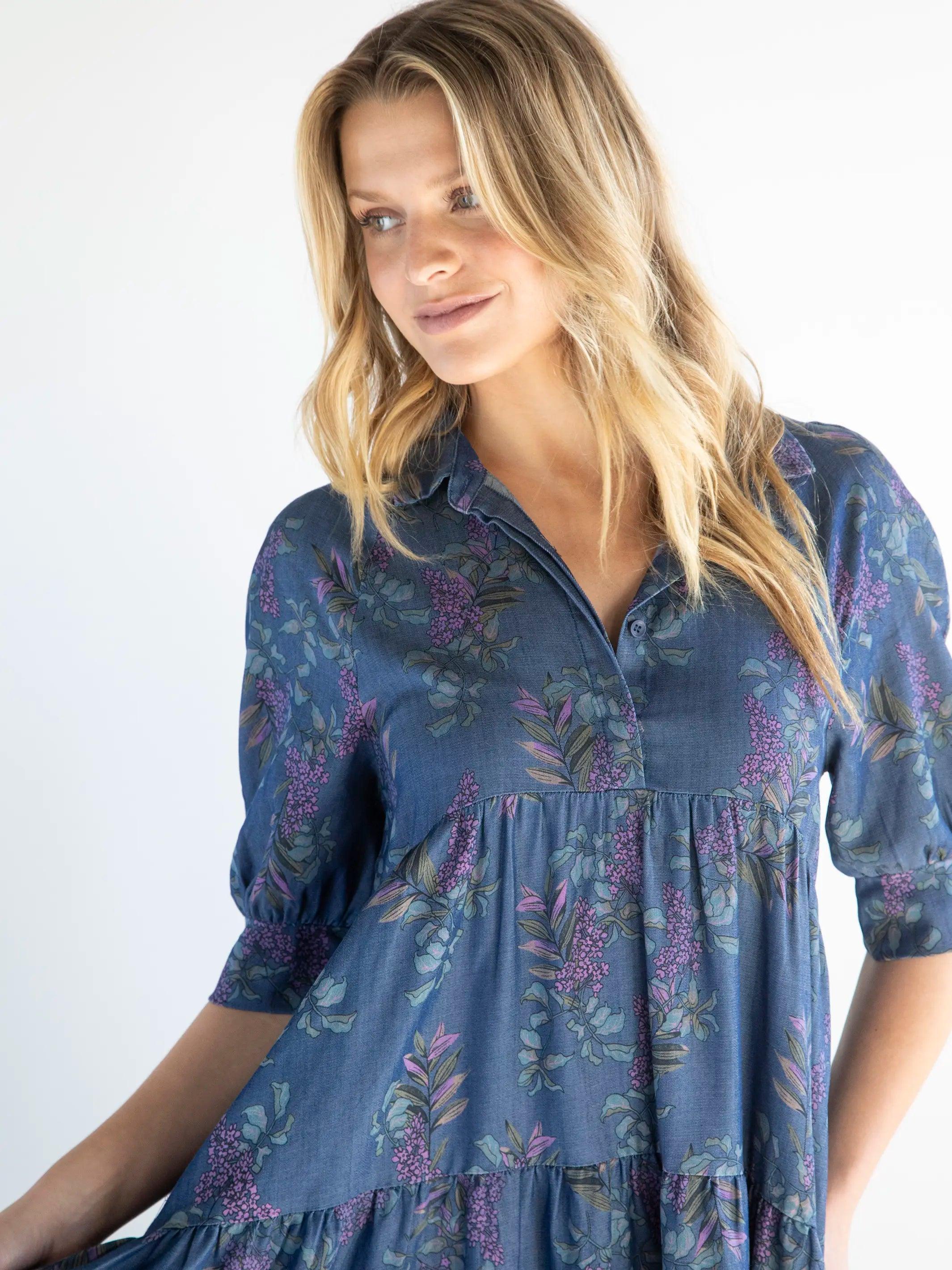 Rebecca Midi Dress - Denim Wisteria Floral Product Image