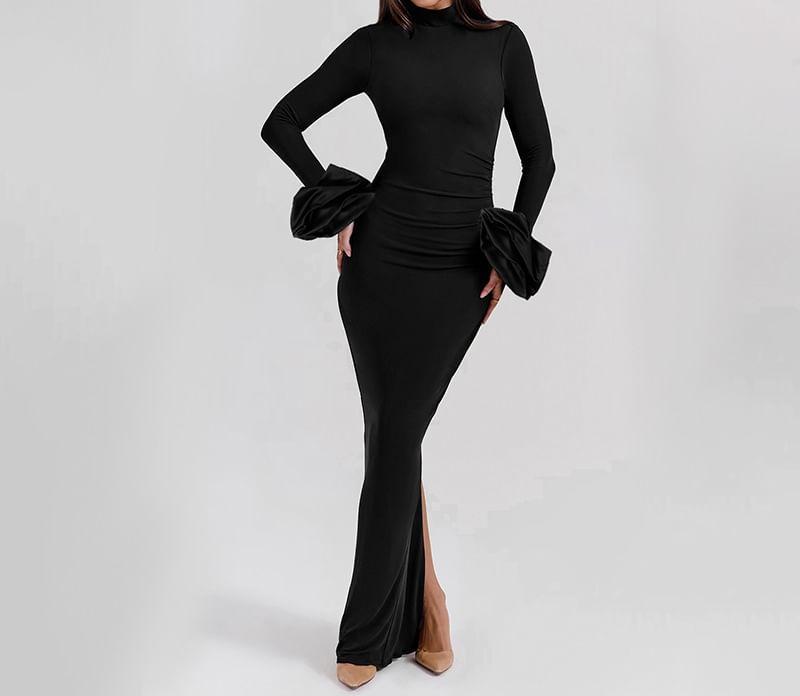 Long-Sleeve Mock Neck Plain Maxi Sheath Dress Product Image