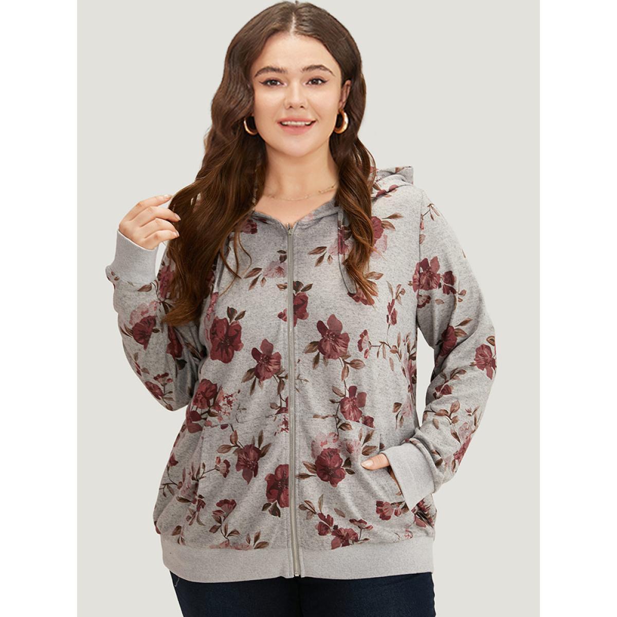 Plus Size Floral Print Pocket Drawstring Hooded Sweatshirt Women Gray Casual Printed Hooded Dailywear Sweatshirts BloomChic 22-24/3X Product Image
