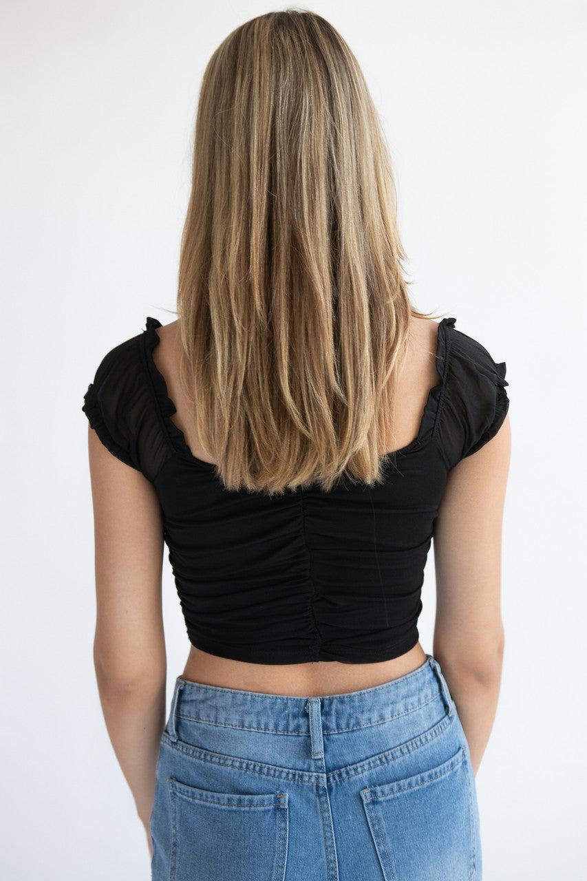 Ruched Front Puff Sleeve Mesh Top Product Image