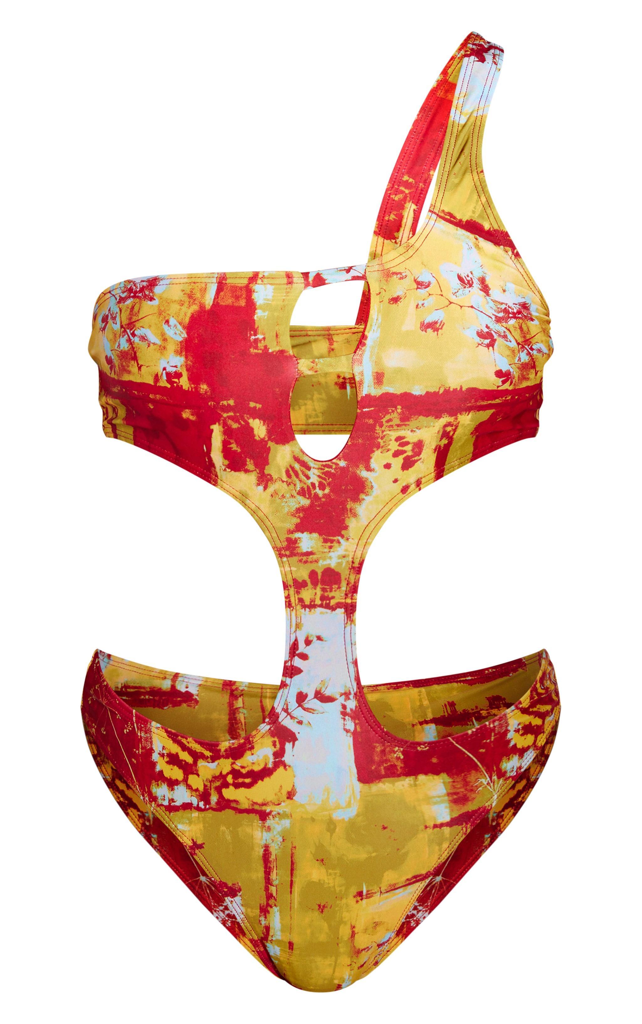 Multi Abstract Print One Shoulder Cut Out Swimsuit Product Image