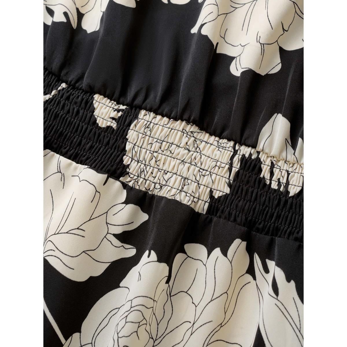 Plus Size Floral Print Notched Belted Flutter Sleeve Dress Black Women Elegant Non Notched collar Short sleeve Curvy Midi Dress BloomChic 14-16/1X Product Image