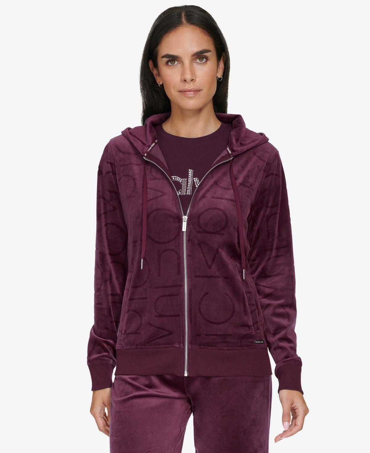 Calvin Klein Womens Tonal Logo Velour Zip-Front Hoodie Product Image