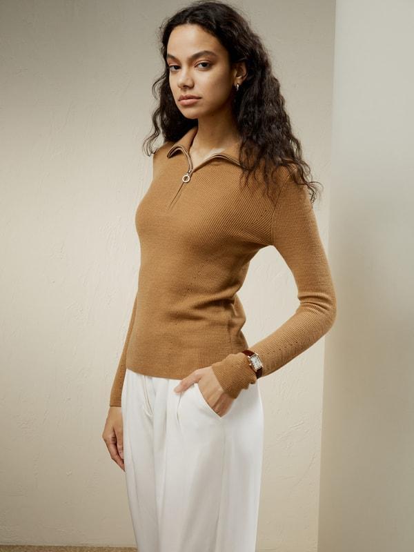 Gaia Ribbed Half Zip Ultra-fine Merino Wool Sweater Product Image