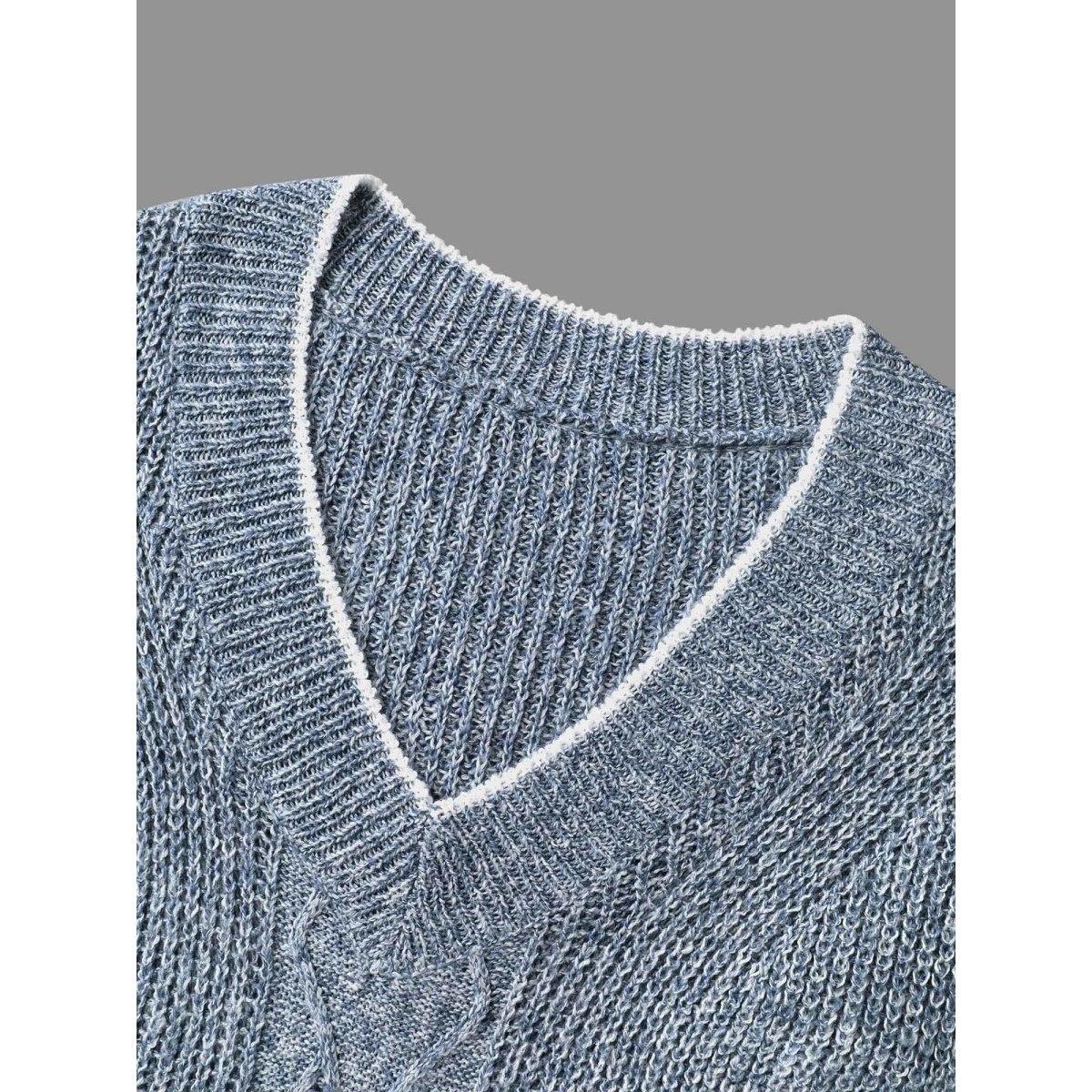 Plus Size Plain Textured Contrast Trim Cable Knit Pullover LightBlue Women Casual Loose Long Sleeve V-neck Everyday Pullovers BloomChic 22-24/3X Product Image