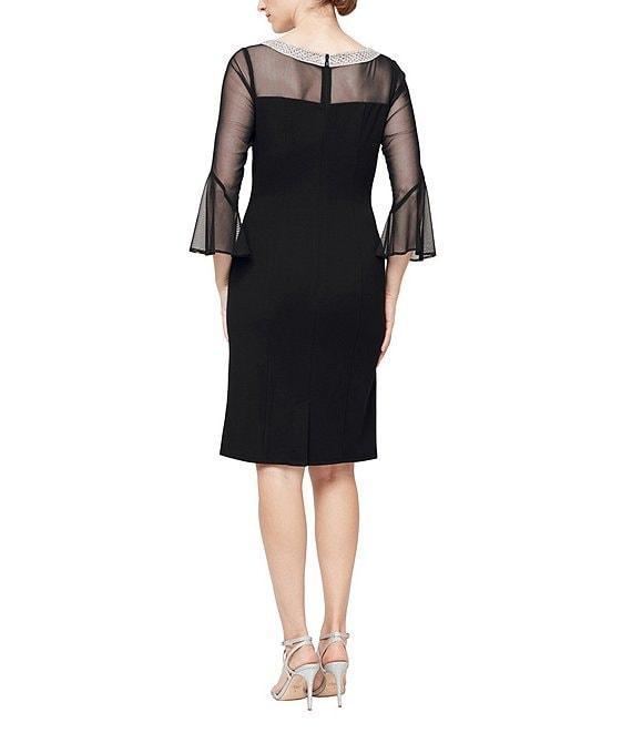 Alex Evenings Illusion 3/4 Mesh Bell Sleeve Boat Neck Crepe Sheath Dress Product Image