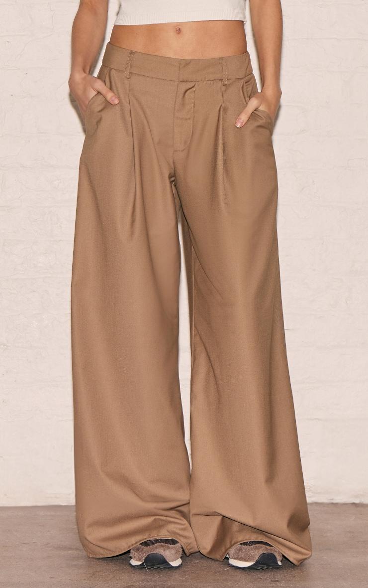 Taupe Woven Double Pleat Wide Leg Pants Product Image