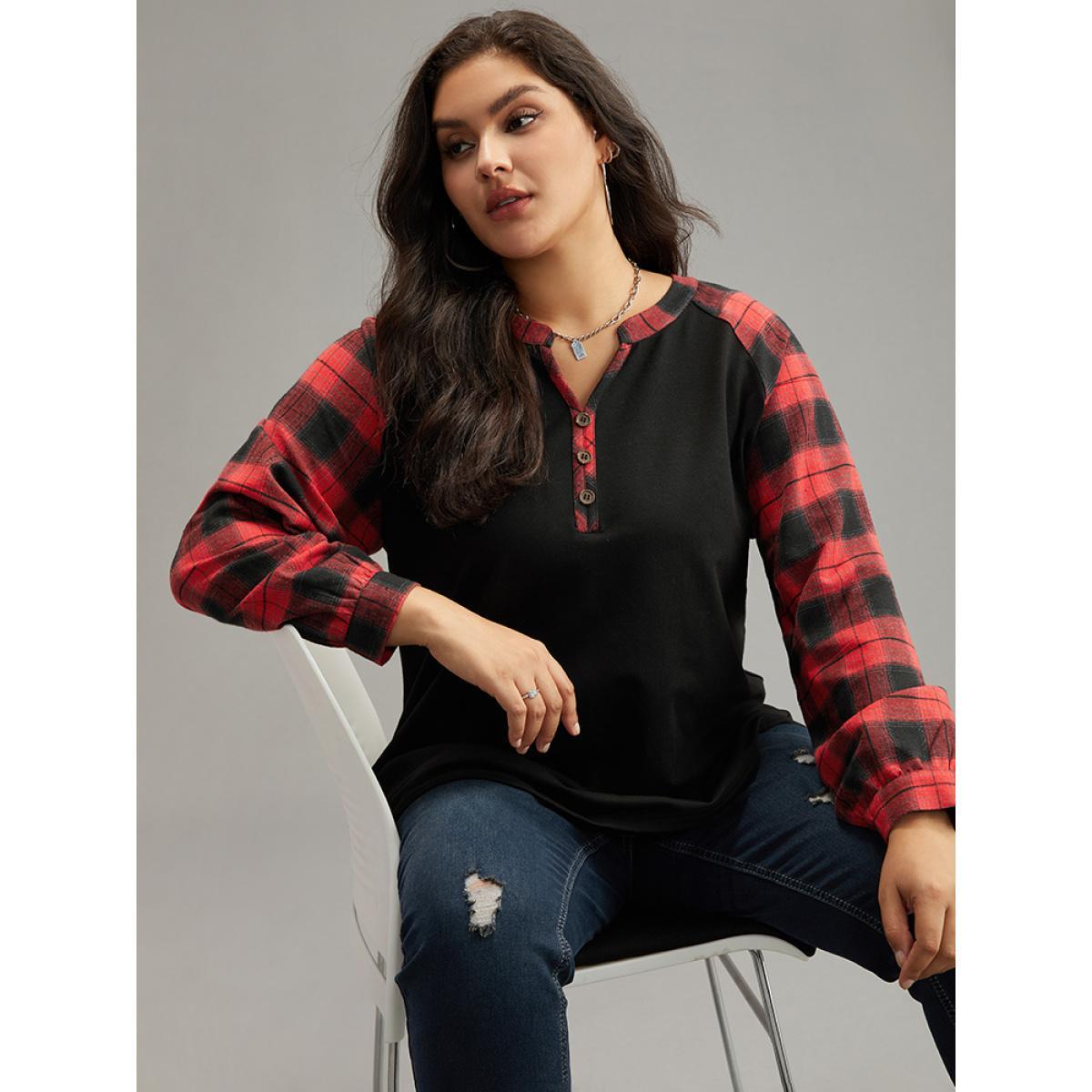 Plus Size Plaid Patchwork Notched Button Detail Sweatshirt Women Red Casual Patchwork Notched collar Everyday Sweatshirts BloomChic 26/4X Product Image