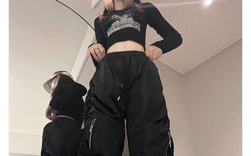 Drawstring Waist Plain Wide Leg Cargo Parachute Pants Product Image