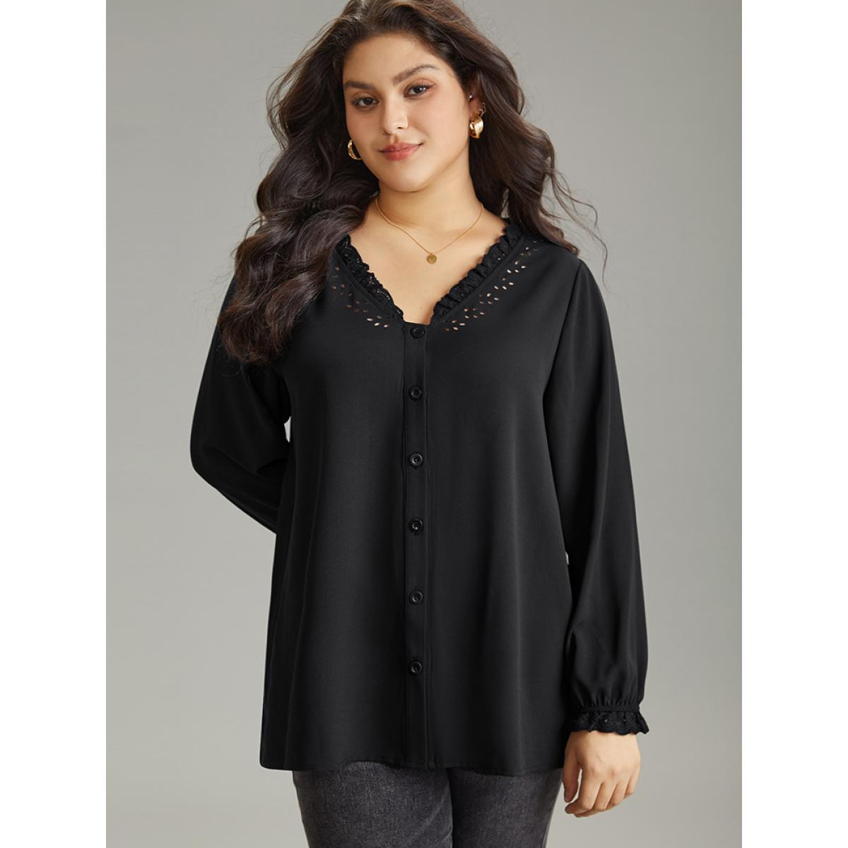 Plus Size Black Guipure Lace Laser Cut Patchwork Lantern Sleeve Blouse Women Elegant Long Sleeve V-neck Everyday Blouses BloomChic 22-24/3X Product Image