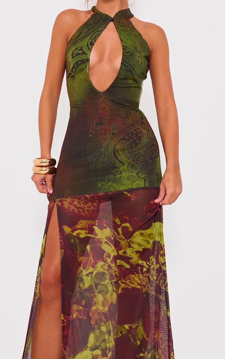 Green Print Mesh Extreme Cut Out Maxi Dress Product Image