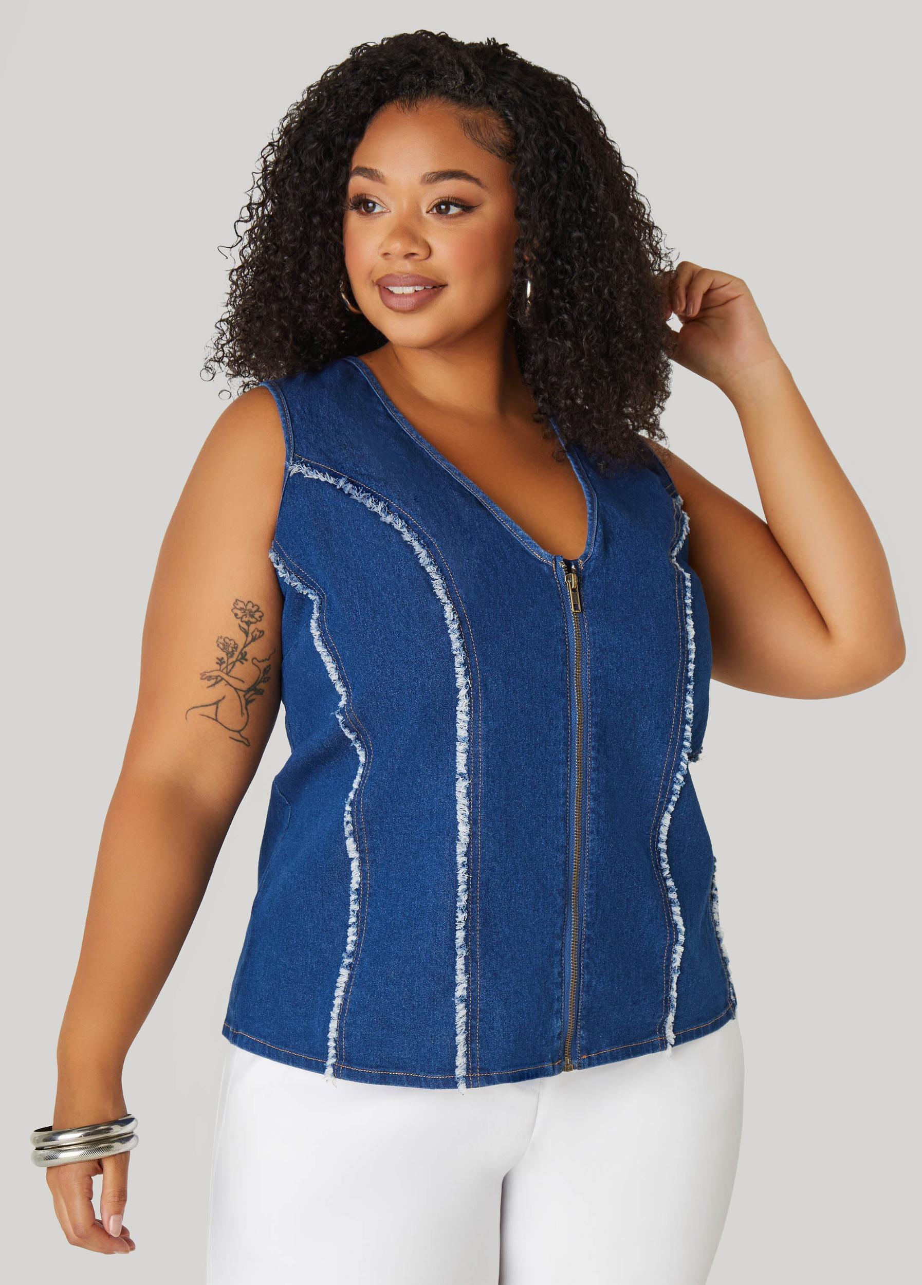 Plus Size Frayed Denim Top Ashley Stewart Product Image