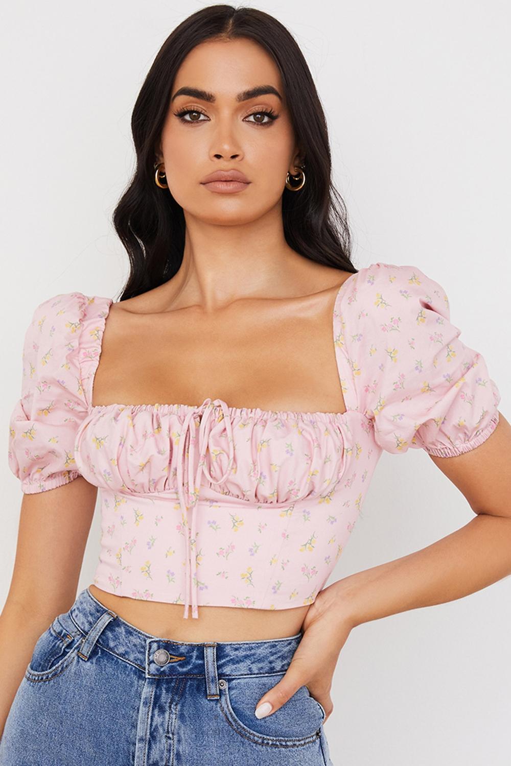 Arianna Pink Floral Puff Sleeve Corset Product Image