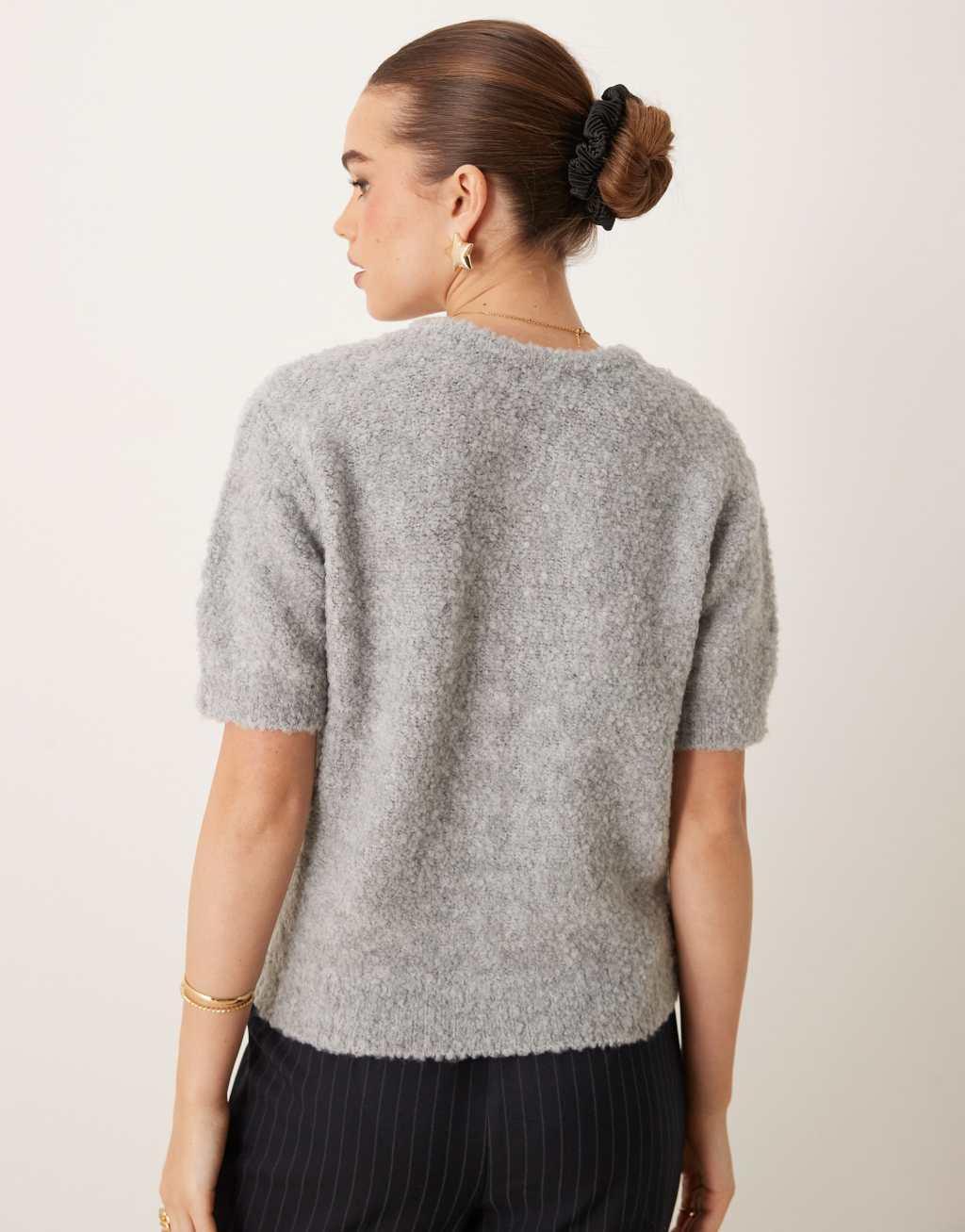 Gina Tricot supersoft textured knit short sleeve cardigan in gray melange Product Image
