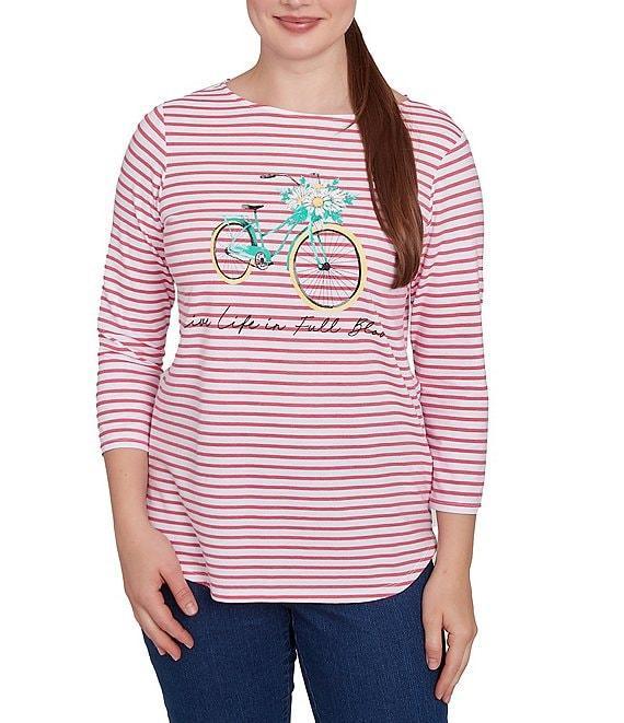 Ruby Rd. Knit Bicycle Floral Striped Crew Neck 3/4 Sleeve Knit Top Product Image
