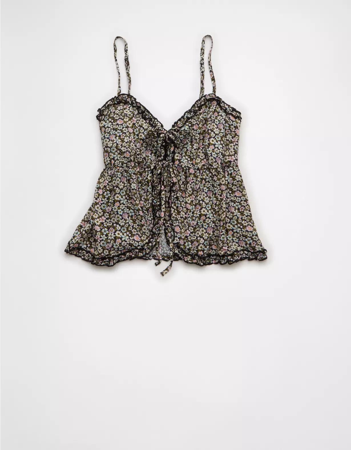 AE Tie Front Ruffle Trim Tank Top Product Image