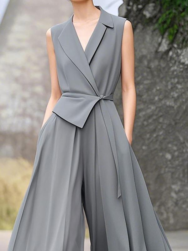 High Waisted Loose Pleated Pockets Solid Color Tied Notched Collar Jumpsuits Product Image