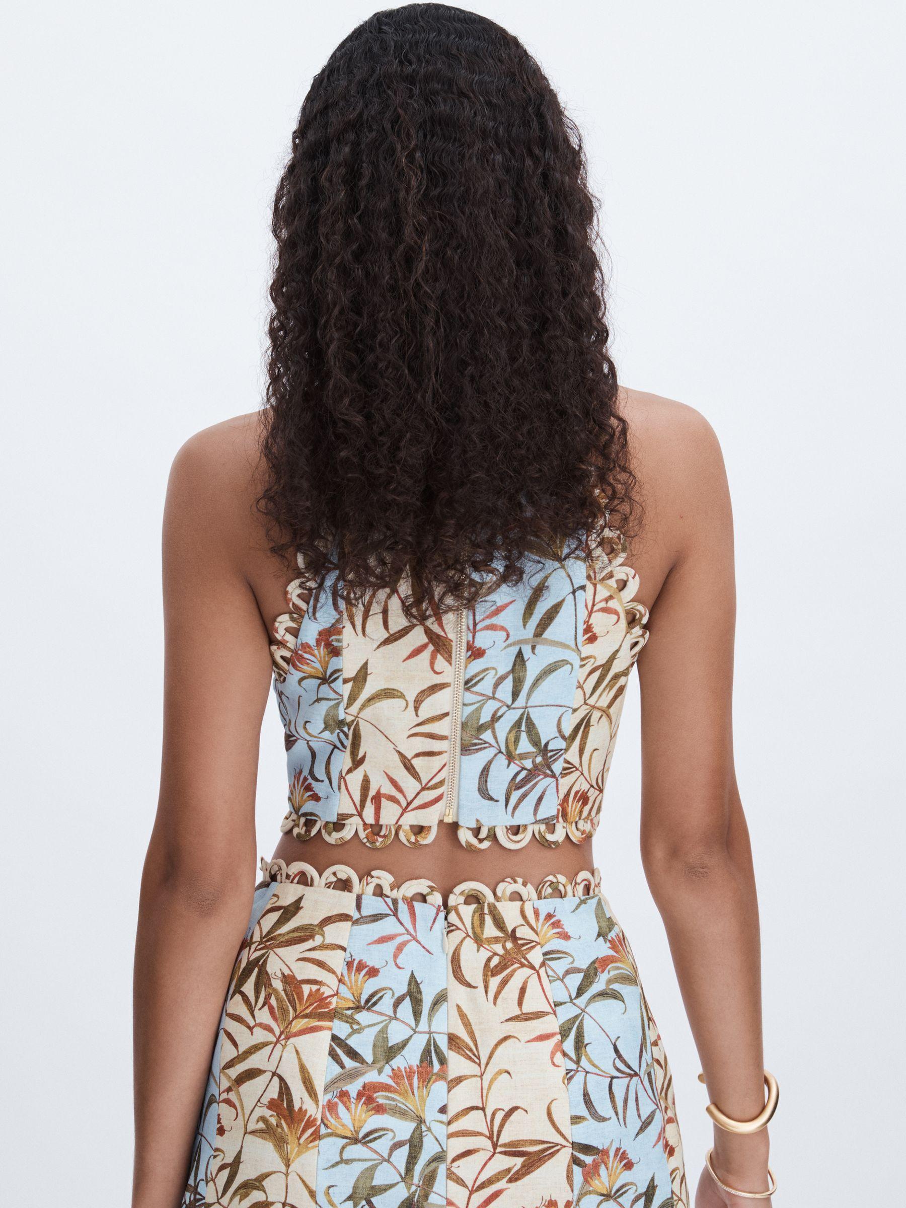 Significant Other Linen-Blend Floral-Print Cropped Top in Blue Multi Product Image