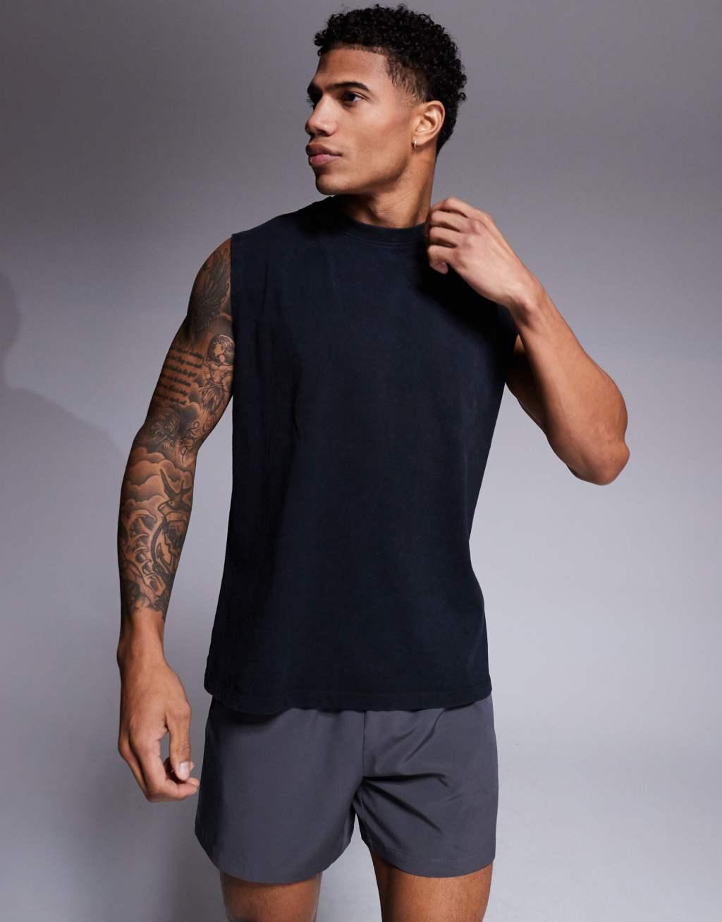 4505 Icon oversized cotton pump training tank top with quick dry finish in black  Product Image