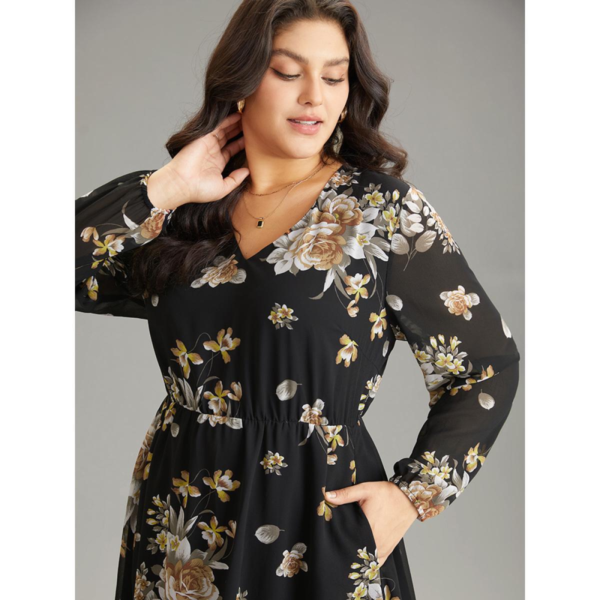 Plus Size Chiffon Floral Print Pocket Mesh Dress Black Women Elegant Elastic cuffs V-neck Long Sleeve Curvy Midi Dress BloomChic 12/L Product Image