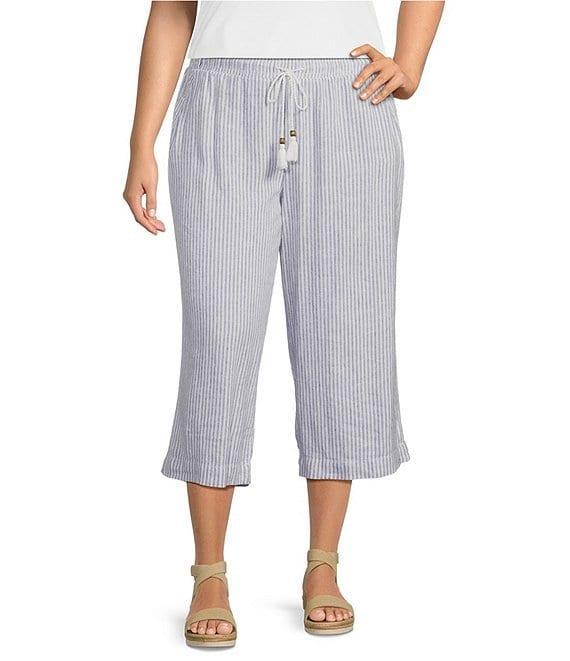 Westbound Plus Size Blue White Stripe Crop Linen Blend Pants Product Image