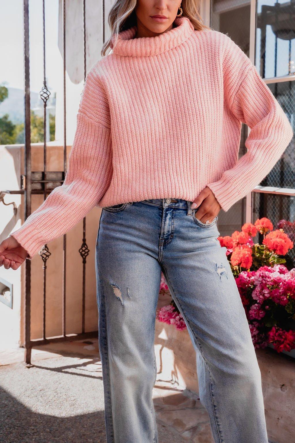 Chunky Pink Ribbed Turtleneck Sweater - FINAL SALE Female Product Image