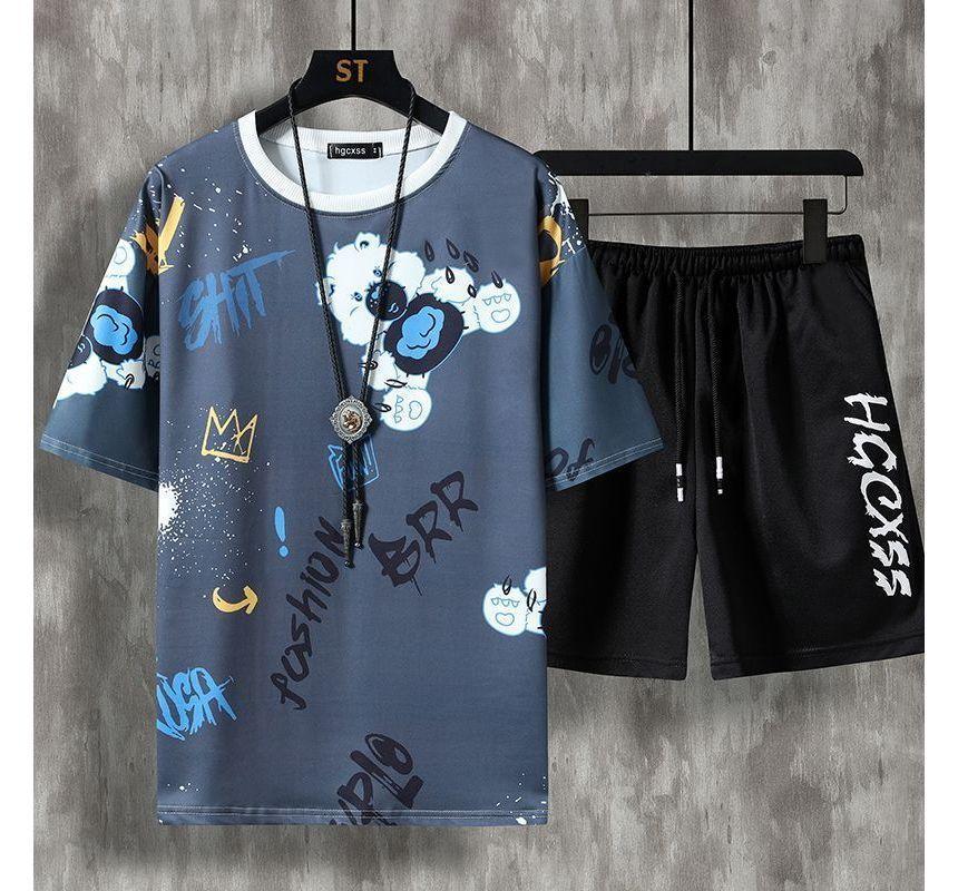 Set: Short-Sleeve Crew Neck Lettering T-Shirt + Drawstring Waist Shorts Product Image