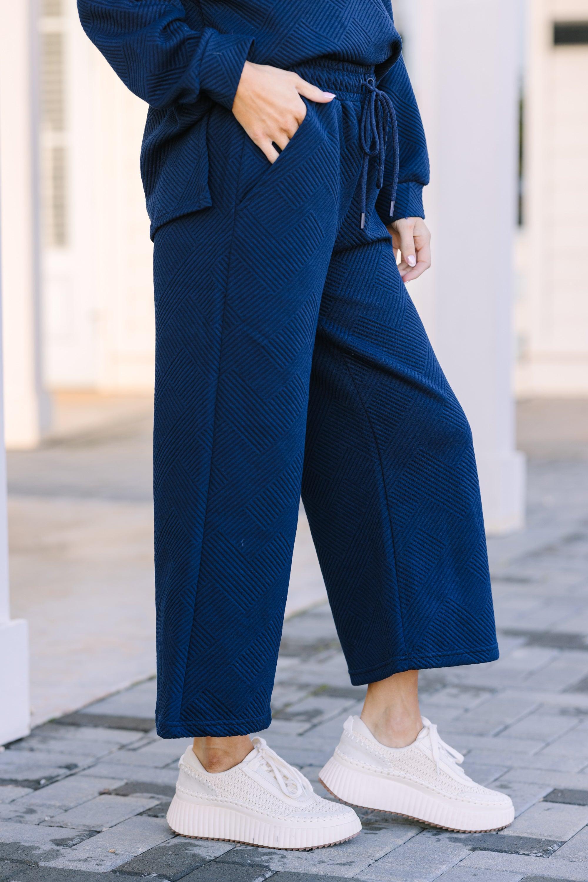 Make Your Day Navy Blue Textured Pants Female Product Image