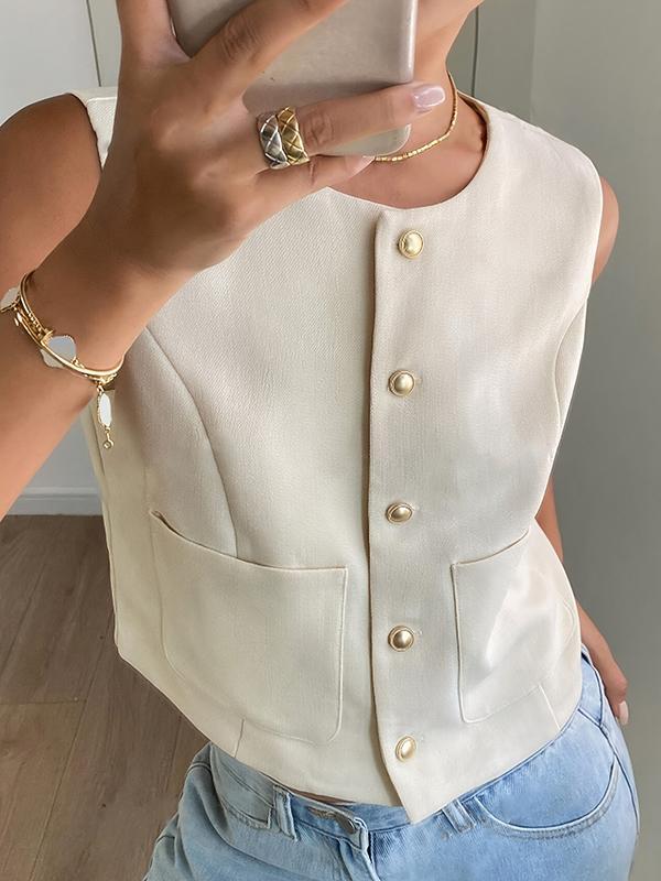 Loose Sleeveless Buttoned Pockets Split-Joint Round-Neck Vest Top Product Image