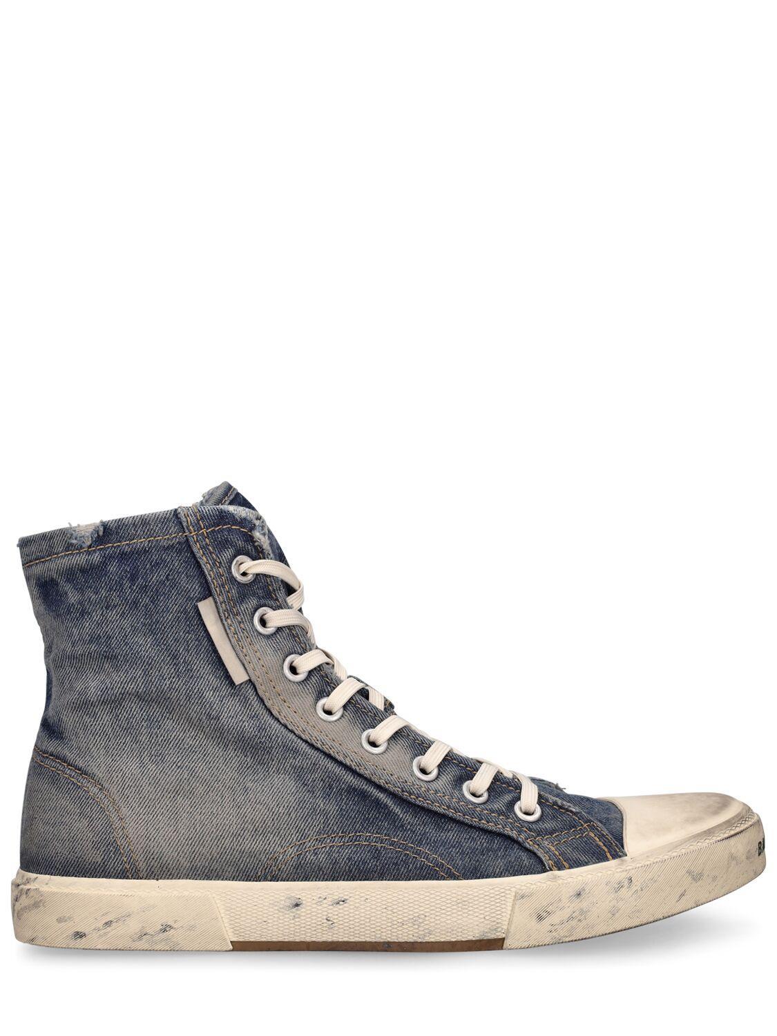 BALENCIAGA Paris Distressed-denim High-top Trainers In Blue Product Image