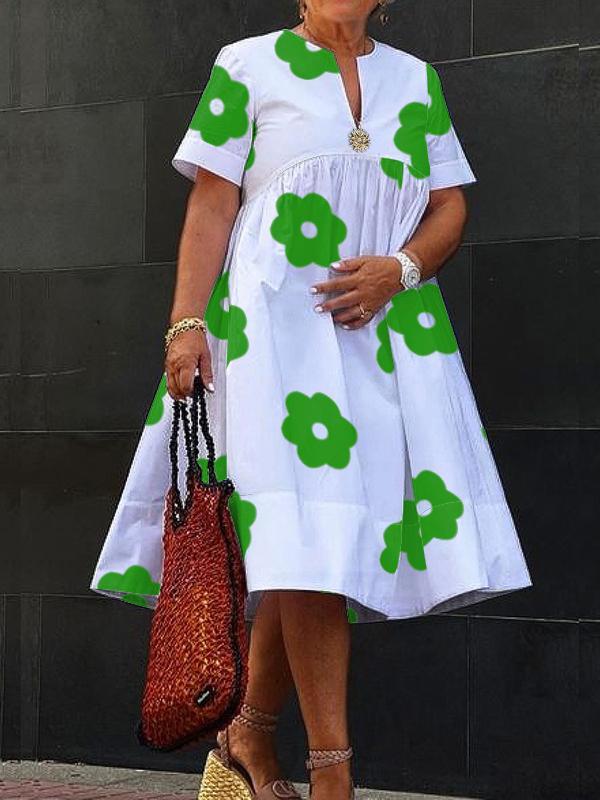 A-Line Loose Flower Print Pleated Split-Joint Round-Neck Midi Dresses Product Image