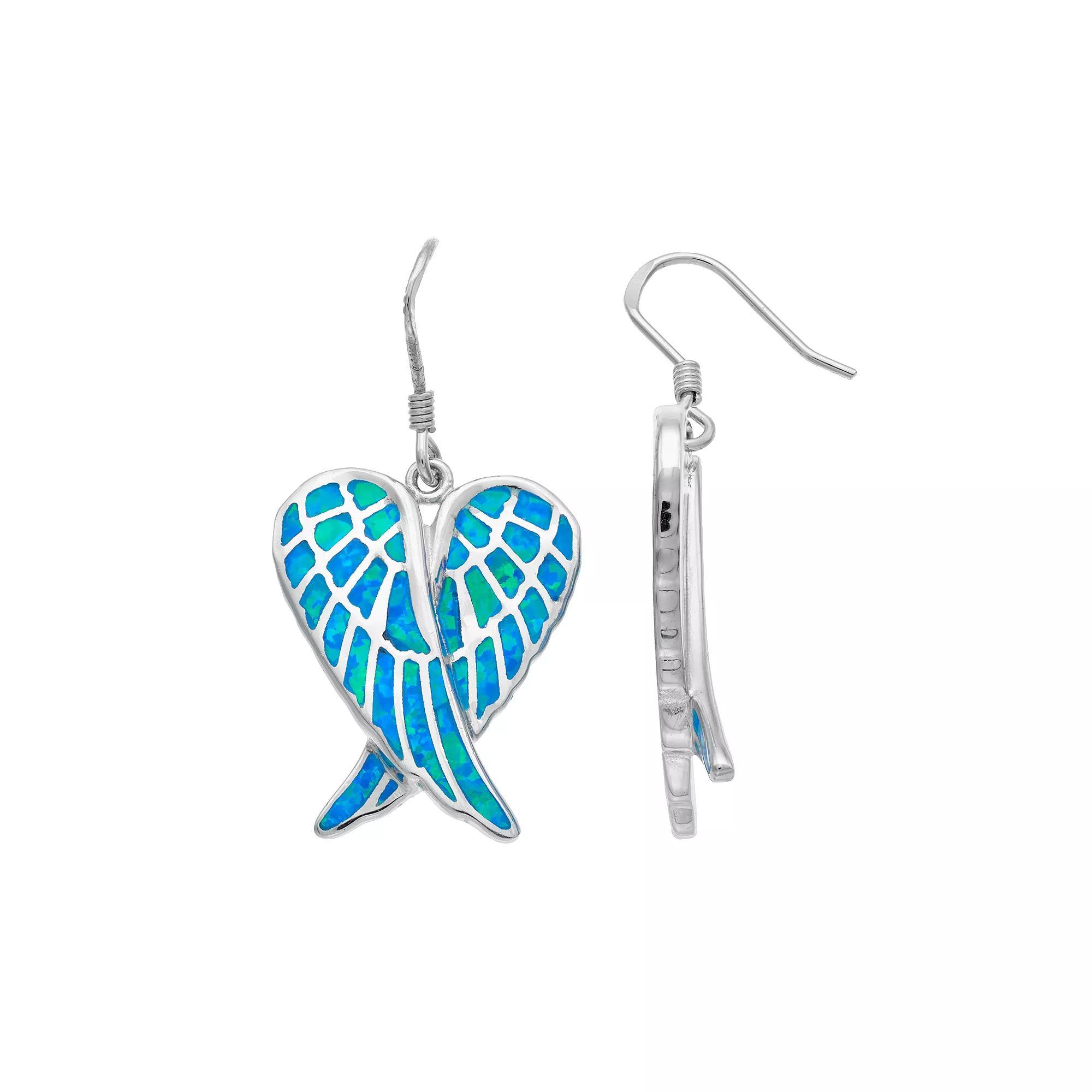 Sterling Silver Lab-Created Blue Opal Angel Wing Drop Earrings, Women's Product Image