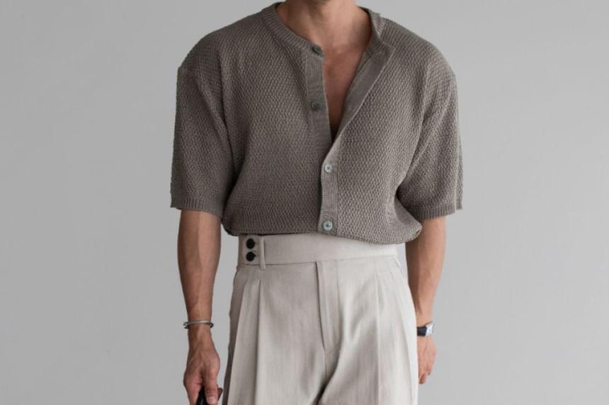 Short-Sleeve Button-Up Knit Top Product Image